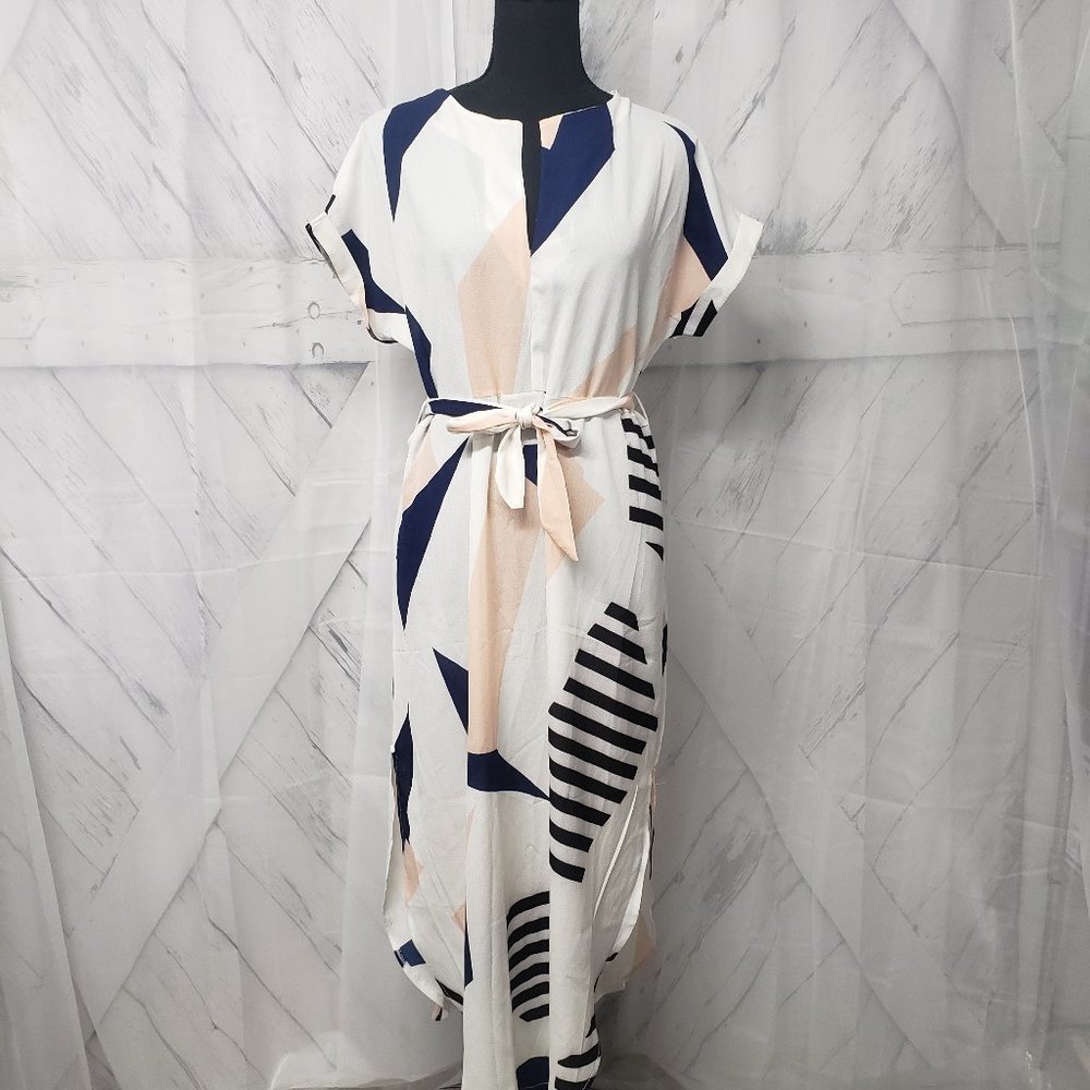 Unbranded Pink White Retro Print Belted Lightweight Midi Summer Dress Size XL